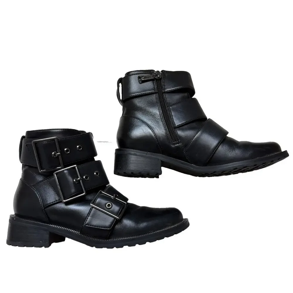 Blondo Camila Moto Biker Leather Booties Womens 6.5 Black Waterproof Side Zip